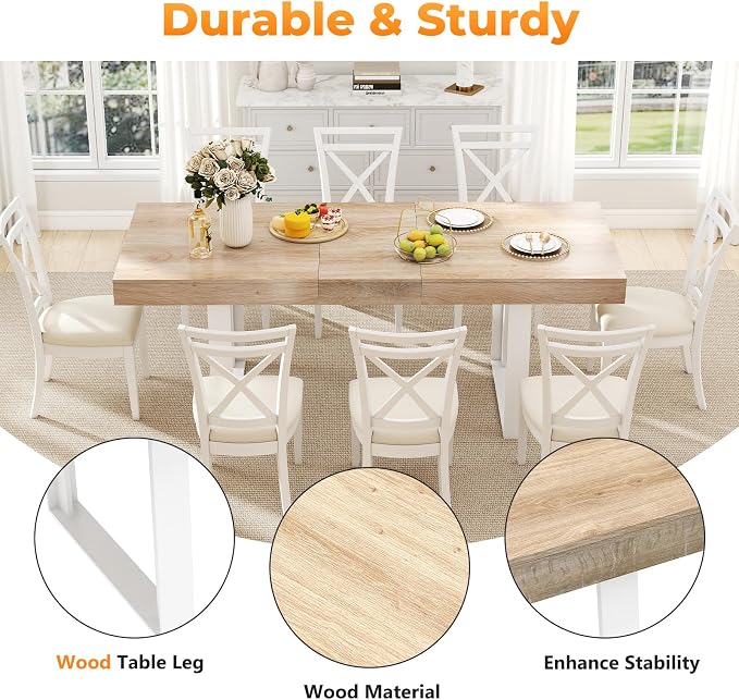 Zevemomo 63"-78.7" Expandable Dining Table, 6-8 Extendable Dining Table, Rectangle Conference Table, Farmhouse Kitchen Table with Slide Track, Tapered U-Shaped Wood Legs for Office, Living Room-Oak