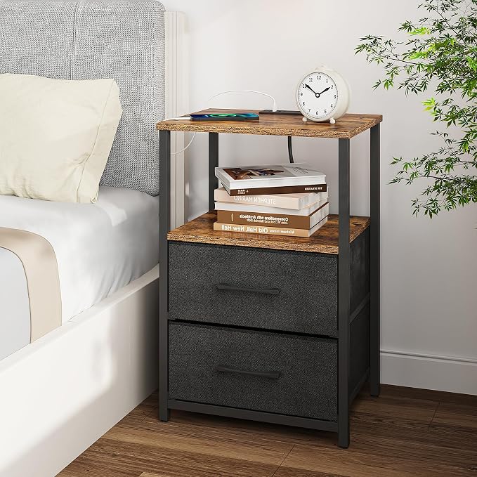 TUTOTAK End Table with Charging Station, Side Table with 2 USB Ports and Outlets, Nightstand with Cloth Drawer, Set of 2, Couch Table, Brown and Black TB01BB052K