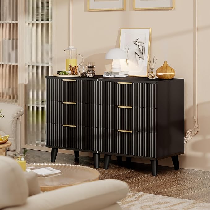 Lulive Wood 3 Drawers Dresser Fluted Night Stand with Charging Station, Natural Nightstand 3 Storage Drawers Dresser Modern Side Table, Bedside Table for Bedroom