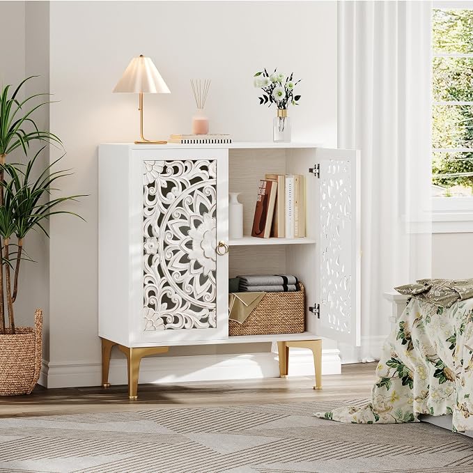 JOINICE 31.5" Accent Storage Cabinet with Carved Doors, White Boho Sideboard for Storage, Coffee Bar Cabinet & Entryway Table with Gold Legs, Decorative Buffet Cabinet for Dining Room, Living Room