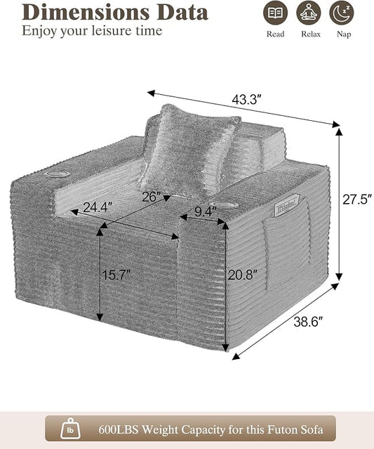 43.3" Boneless Chair with Cup Holder,Oversize Accent Chair with Side Pocket, Large Reading Sofa Chair for Compact Living Rooms, Apartments (Deep Gray, Single Sofa Chair)