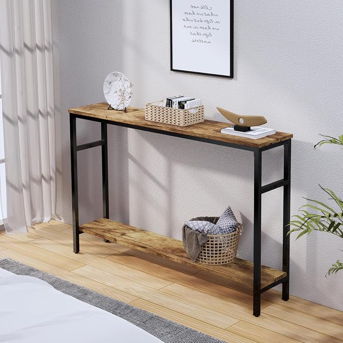 Timberer Narrow Console Table, 47 Inch Sofa Table with Adjustable Shelf, 2-Tier Long Skinny Table for Hallway, Entryway, Living Room, Foyer, Rustic Brown