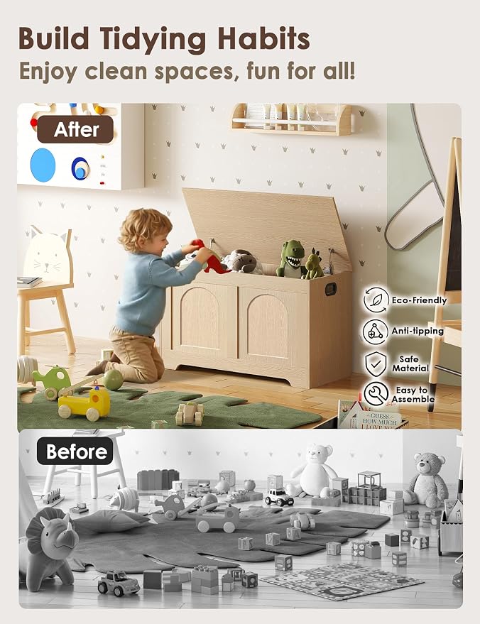 DINZI LVJ Storage Chest, 31.5”Wooden Toy Box with 2 Safety Hinges, Entryway Storage Bench with Flip-Top, Sturdy Storage Trunk for Living Room, Bedroom, Easy Assembly, Natural