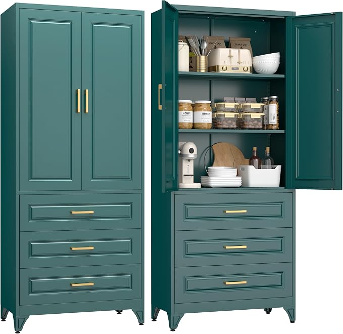 UNICOLY Pantry Kitchen Cabinet with Drawer, 75" Tall Metal Storage Cabinet, Pantry Storage Cabinets with Doors and Shelves, Large Freestanding Cupboard for Dining Room, Assembly Required, Green