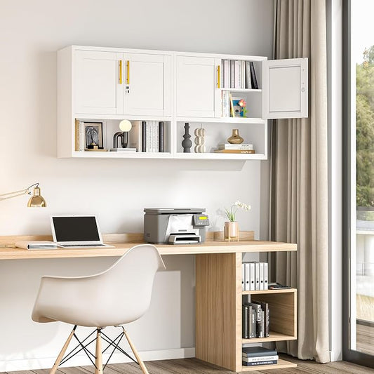 GAIOUS Metal Garage Wall Cabinet with Lock, Wall Mounted Steel Tool Cabinet | with Door and Shelf, Medicine Cabinet with Open Area, Hanging Cabinet for Garage Warehouse Bathroom Kitchen, White