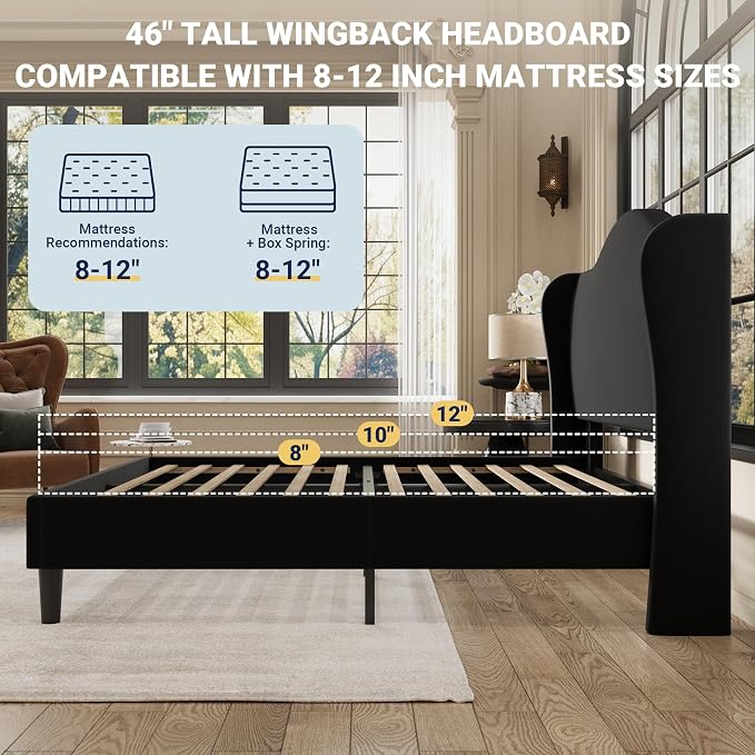 Allewie King Size Bed Frame, Upholstered Wingback Platform with 47" Tall Tufted Headboard, Plush Velvet Fabric, Modern Minimalist Design, No Box Spring Required, Tool-Free Assembly, Black