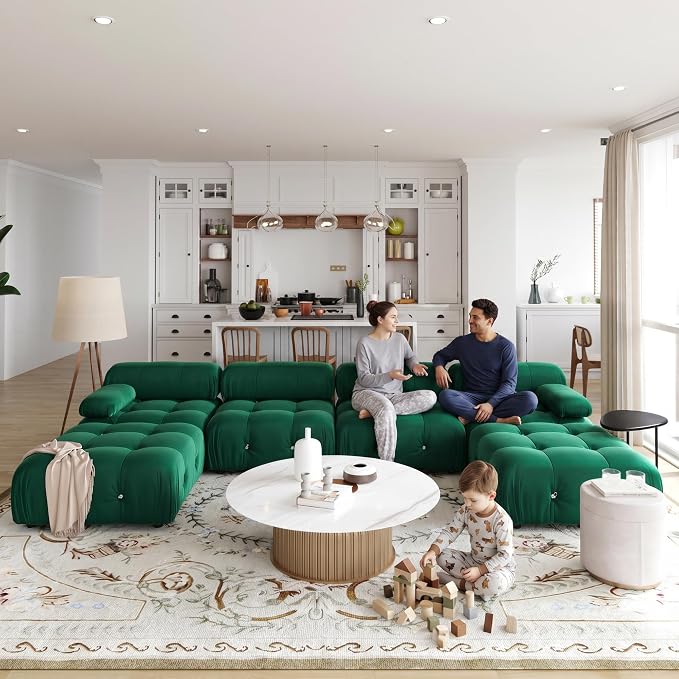 138" Convertible Modular Sectional Sofa, U-Shaped Velvet Sectional Couch with Chaise Ottomans, Minimalist Modern 6 Seat Sofas for Living Room Bedroom Office Apartment (Green)