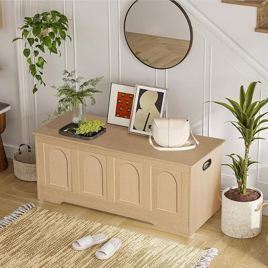 DINZI LVJ Storage Chest, 47.2" Rattan-Like Toy Box with 2 Safety Hinges, Wooden Entryway Storage Bench with Flip-Top, Large Trunk for Living Room, Bedroom, Easy Assembly, Natural