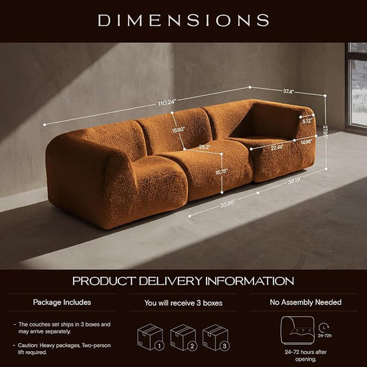 110" 3-Seater Modular Sectional Sofa, Sherpa Cloud Couch with Deep Seat Comfort, Boneless Curved Sofas with High-Density Foam Strong Support, Modern Cozy Sofa for Living Room – No Assembly, Brown