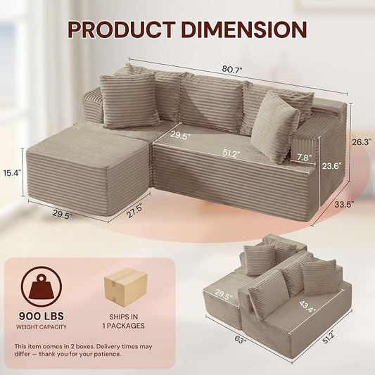 Korser Boneless Couches for Living Room, Cloud Couch Sectional with Ottoman, L-Shaped Sofa with Fluffy Comfy Corduroy Deep Seat, Bedroom, Apartment, No Assembly Required