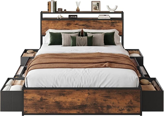 LIKIMIO Queen Bed Frame with 12 Fabric Storage Drawers, Industrial Platform Bed Frame with Headboard, No Box Spring Needed, Sturdy Metal Slat Support, Rustic Brown, Noise-Free, Easy Assembly