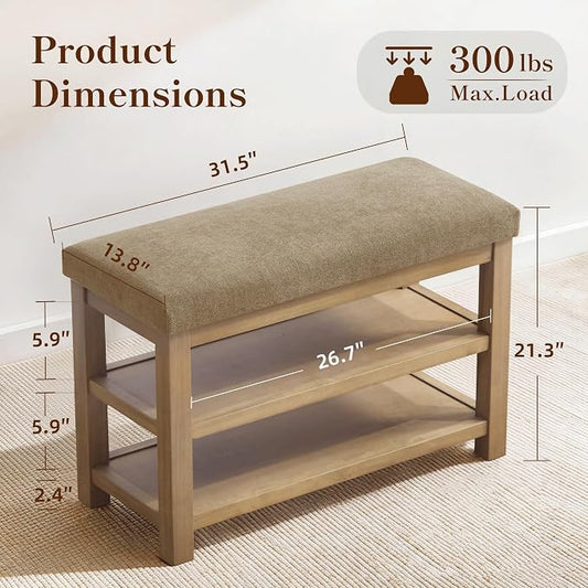 Zihanhome 2 Tier Shoe Rack Bench with Cushion, Solid Wood Shoe Benches, Mid-Century Modern Shoe Storage Bench for Entryway, Hallway, Living Room, Closet, Front Door Entrance, (Brown, 31.5")
