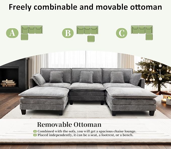 Opiesit Ottoman for Sectional Cloud Couch, Chenille Ottoman for Deep Seat Modular Sofa for Apartment, Living Room and Bedroom, Grey