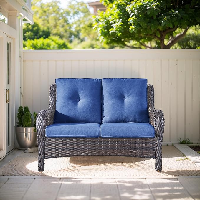 Outdoor Loveseat Sofa-2 Seater Rattan Wicker Patio Couch High Back Patio Sofa for Porch Deck Backyard-Brown/Blue