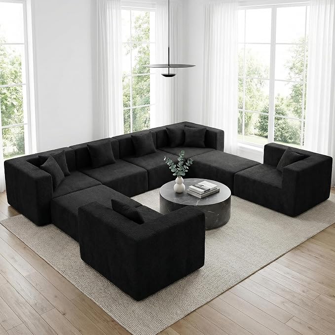 MONVANE Modular Sectional Sofa, Oversized 8 Seat Convertible U Shaped Couch with Ottoman, Comfy Teddy Velvet Cloud Couch with Deep Seat, Sectional Couches for Living Room, No Assembly Required, Black