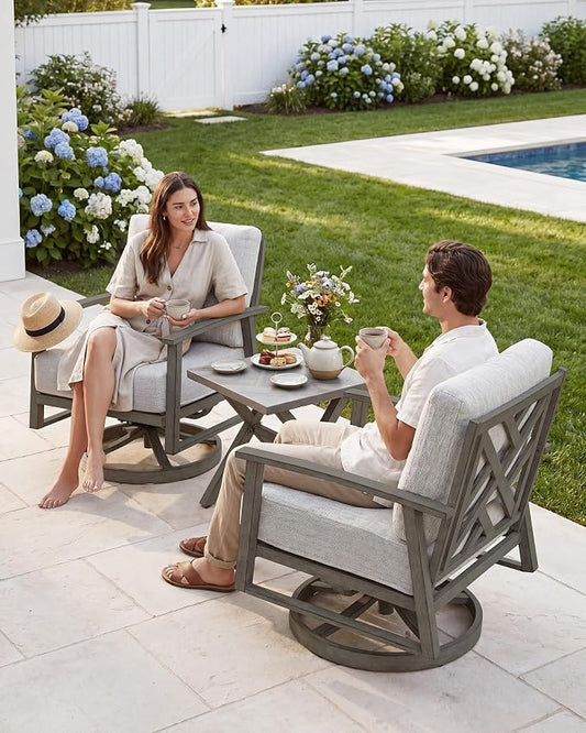 Swivel Patio Sofa Chairs Set of 2, Never Rusts All-Aluminum Outdoor Swivel Armchairs with Thick Cushions, Modern Outdoor Sofa Armchairs Swivel Patio Chair for Garden, Poolside, Lawn, Limed Oak