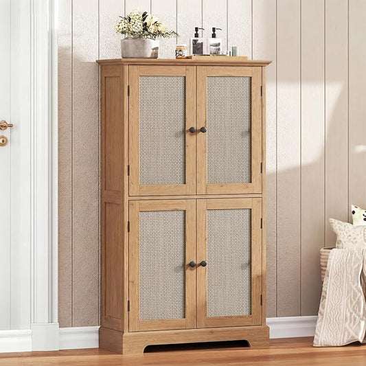 ChooChoo Bathroom Floor Cabinet, Rattan Bathroom Storage Cabinet with 4 Doors and Adjustable Shelves, Freestanding Cupboard for Living Room, Rustic Oak