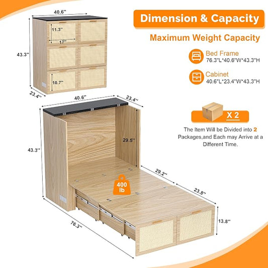 VINGLI Twin Size Rattan Murphy Bed with Storage Drawer,Charging Station, Boho,Hideaway Paltform Panel Bed for Small Spaces,Guest Room,Office,Apartment, Space-Saving Cabinet Bed,Oak White