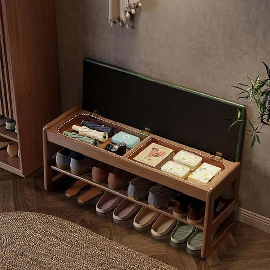 AQIMUELE Shoe Rack Bench,2 Tiers Shoe Bench with Storage with Flip-Top,Wood Shoe Rack for Entryway,Hallway(Green Upholstered Seat,11.8" D x 39.3" W x 15.7" H)