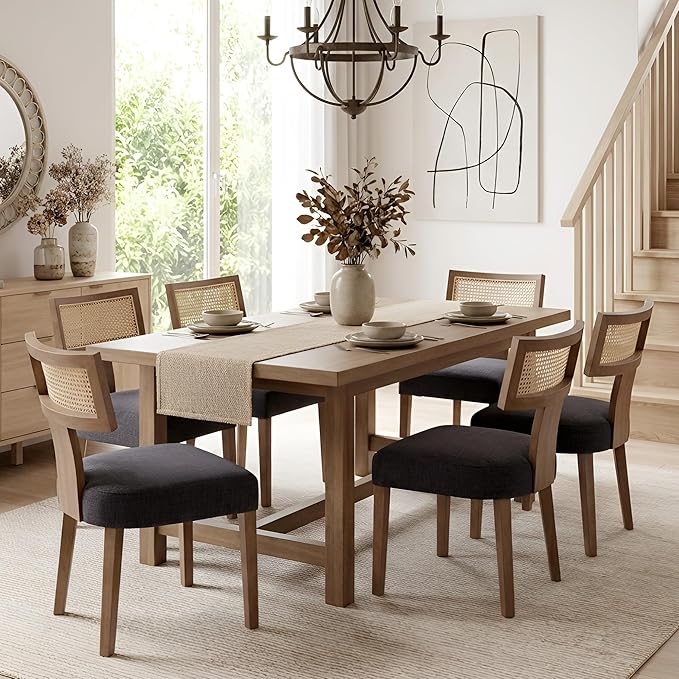 HNY Mid Century Modern Rattan Dining Chairs Set of 4, Farmhouse Linen Upholstered Accent Chair Curved Backrest Kitchen Chairs, with Hardwood Frame, Charcoal