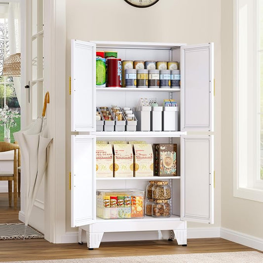 GAIOUS 47.25" Metal Pantry Cabinet, Storage Cabinets with 4 Door and 2 Adjustable Shelves, White Bathroom Cabinet, Freestanding Cupboard for Kitchen Dining Living Room Bathroom