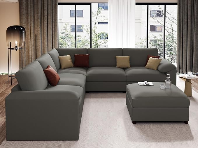 EASE MOOSE Oversized Corner Modular Sectional Sofa with Ottoman, Faux Leather Sectional Sofa with Deep Seat, Scratch Resistant Faux Leather Material, Extra Large L Shaped Couch, Grey