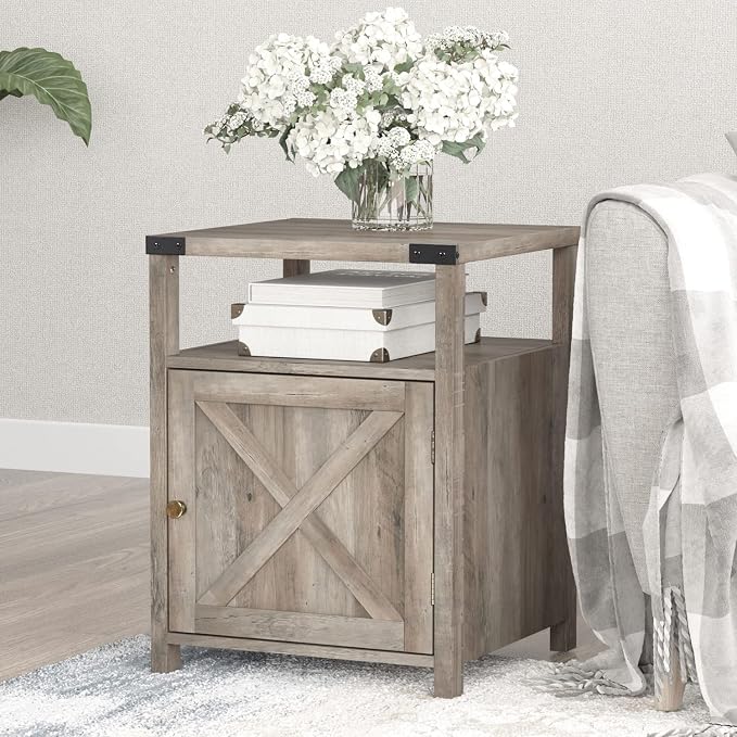 Farmhouse Nightstand Rustic End Table Side Table with Cabinet and Shelf, Wood Night Stand for Bedroom, Gray, 17.7 in