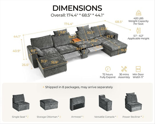 174.4'' Oversized Modular Power Recliner Sofa with Headrest, Deep Cloud Couch with Table, Charging Cup Holders, Convertible U-Shaped 6-Seater Sectional with 2 Storage Ottomans, Chenille, Grey