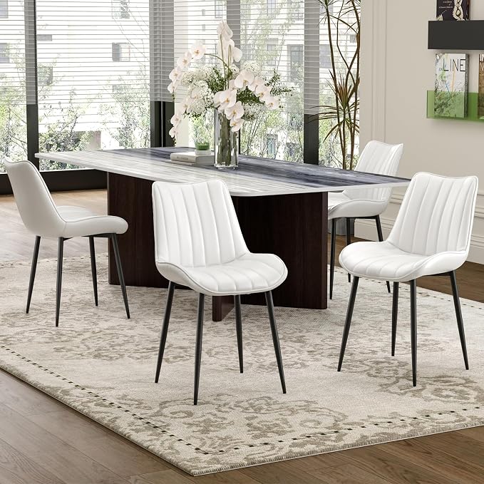 VECELO Dining Chairs Set of 6, Vegan Leather Fabric & Metal Frame, Mordern Style for Kitchen, Living Room,Offcie,White