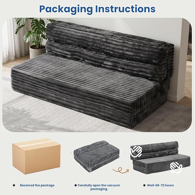 Erament Tri-Fold Futon Sofa Bed, 6 Inch Foldable Floor Couch, High-Density Foam Convertible Sleeper Sofa with Removable Washable Corduroy Cover, Portable Floor Mattress for Living Room (Grey, Full)