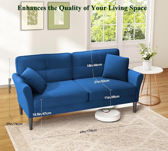 Loveseat Sofa, 69" Love Seat Couches, Comfy Velvet Small Couches for Small Spaces with 2 Pillows, Tool-Free Setup Sofas & Couches, 700lb Load Sofas for Living Room, Mini Couch for Bedroom, Blue Couch