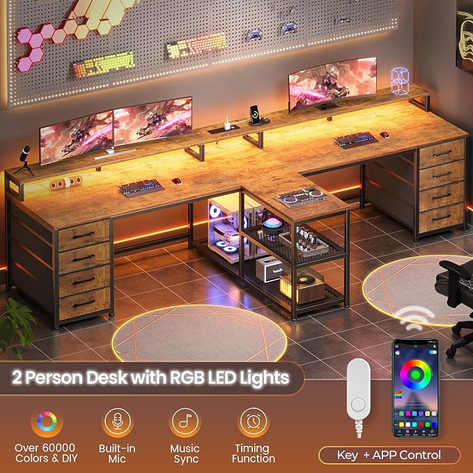 SEDETA 94.5" 2 Person Gaming Desk, Long Office Computer Desk with 8 Drawers & LED Lights, Two Person Desk with Storage, Power Strip & Monitor Stand for Home Office, Rustic Brown