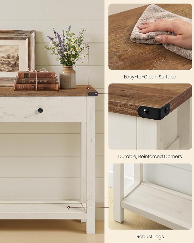 VASAGLE LIRY Collection Narrow Console Table with 3 Drawers and Shelf, Sofa Table 9.4 x 63 x 29.9 Inch, Easy Assembly, Entryway, Living Room, Farmhouse Style, Honey Brown and Rustic White ULNT148W101
