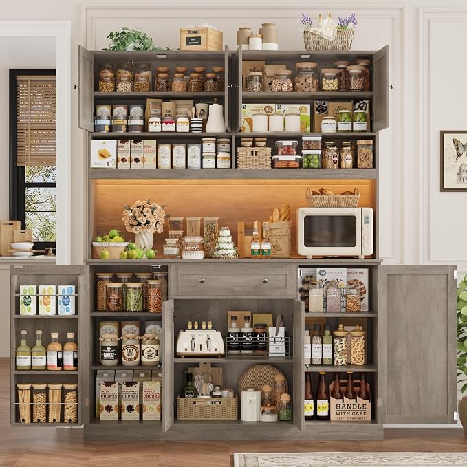 HIFIT 72.8” Tall Kitchen Pantry Cabinet with LED & Charging Station, 55” Wide Farmhouse Pantry Cabinet with Microwave Stand&Shelves&Swing-Out Door, Kitchen Hutch Coffee Bar for Living Room, Grey
