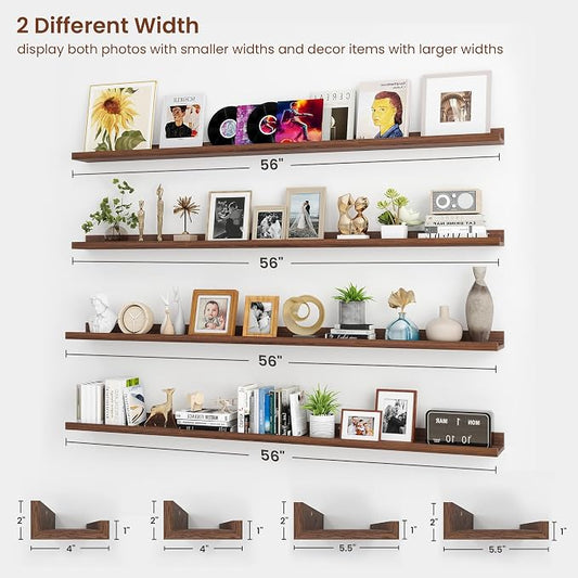 Axeman Picture Ledge Shelf | 55 Inch Walnut Floating Shelves Set of 4 | Rustic Wood Wall Shelves with Lip | 55" Walnut Picture Shelves for Wall with Ledge | Photo Shelves