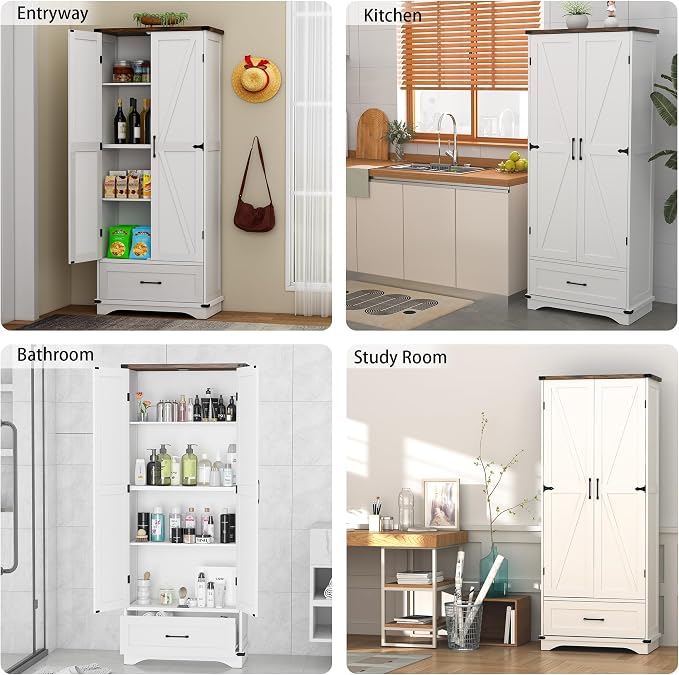 71" Farmhouse Kitchen Pantry Storage Cabinet with Drawer & 2 Barn Doors, Freestanding Cupboard with Adjustable Shelves, Modern Floor Cabinet for Kitchen, Dining Room, Living Room, White