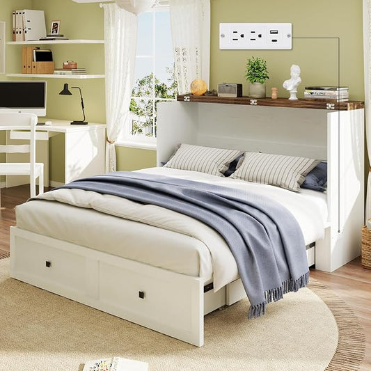 LUXOAK Murphy Bed with Charging Station, Queen Size Cabinet Bed with Large Storage Drawer for Home Office or Small Room, Hideaway Foldable Platform Bed, White