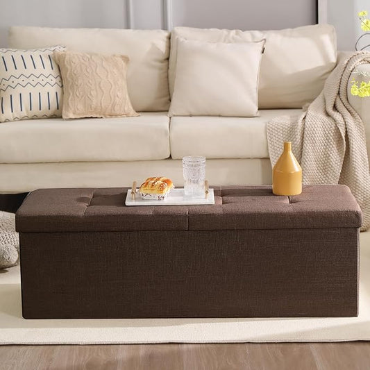 45.3 Inches Storage Ottoman Bench Foldable Seat Footrest Shoe Bench End of Bed Storage with Flipping Lid, 166L Storage Space, Linen Fabric Brown