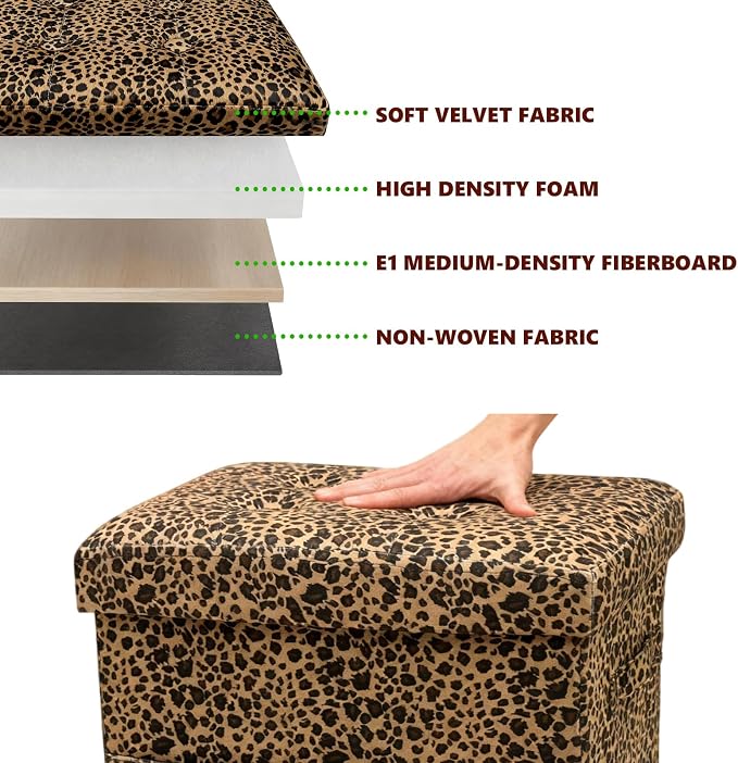 ALASDO Storage Ottoman Footrest Stool Small Ottoman with Storage Foldable Ottomans Foot Rest Footstool Bench for Living Room 17x13x13inches Leopard Print