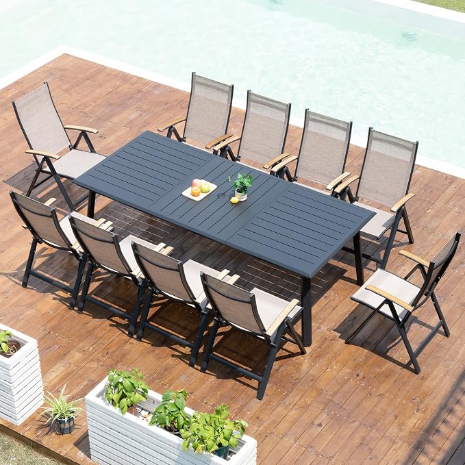 Pellebant 11 Pieces Aluminum Patio Table and Chairs Set - 94" Rectangular Table and Foldable Chair Outdoor Dining Set with Umbrella Hole, Weather Resistant Sturdy Frame for Deck, Porch & Backyard