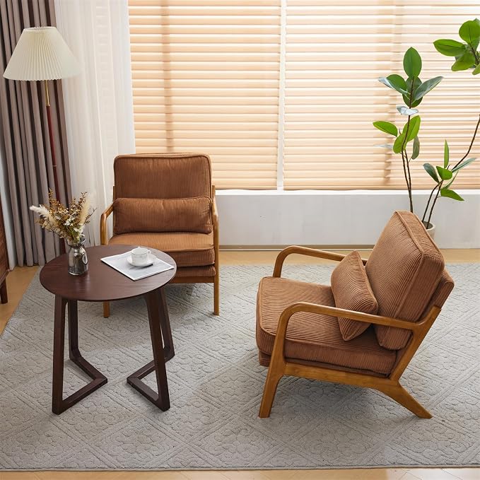 VINGLI Upgraded Premium Corduroy Accent Chairs Set of 2,Upholstered Arm Chair,Solid Wood Comfy Reading Chair with Pillow, Mid Century Modern Chairs for Living Room,Bedroom,Brown