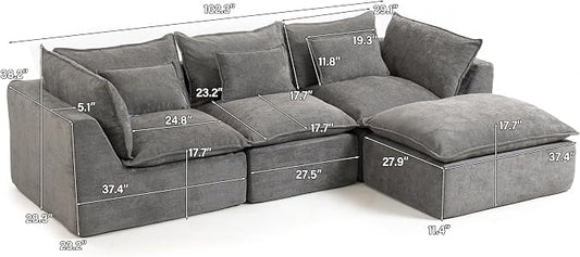Boneless Couch Sectional Sofas Cloud Couches for Living Room | 102.3'' Modern Modular Cloud Sofa with Pillows and Ottoman for Bedroom