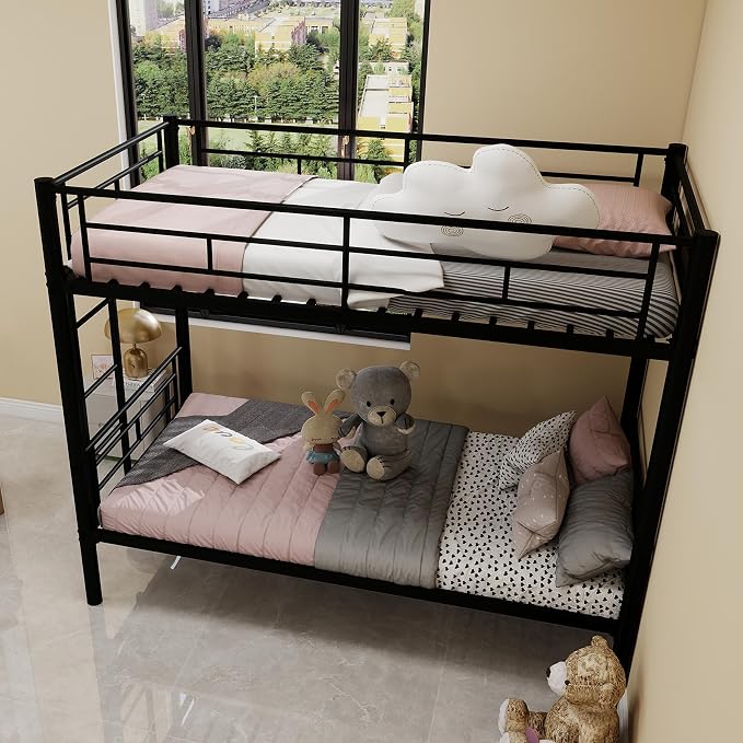 HRVEOCEI 2-Way Convertible Twin Over Twin Bunk Bed with Guardrail & Ladders, Metal Low Bunkbed for Kids Boys Girls, Heavy Duty, No Box Spring Needed, Space-Saving (Black, No Trundle)