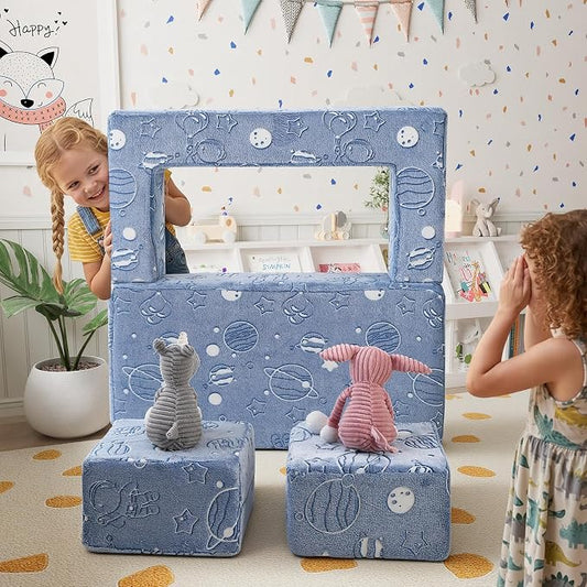 MeMoreCool Modular Kids Sofa, Glow in The Dark Space Kids Play Couch Sofa, Blue Fold-Out Foam Lounger Chair for Girls and Boys, Bedroom and Playroom