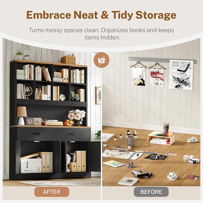 TEENFON Storage Cabinet with Doors and Drawers, Pantry Cabinets, 5 Tier Floor Standing Bookshelves, Bookshelf and Bookcase, 8 Open Storage Shelves and Printer Stand for Study, Living Room, Office