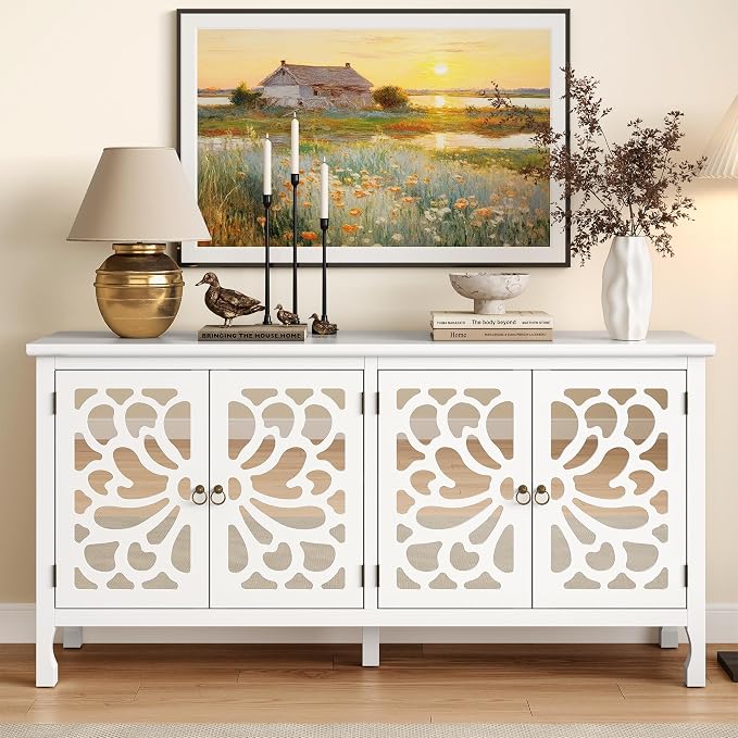 RoyalCraft 63'' Buffet Cabinet with Mirror Butterfly Carved Door, Sideboard Cabinet with Adjustable Shelves, Vintage Accent Credenza Media Console for Entryway, Kitchen, Satin White