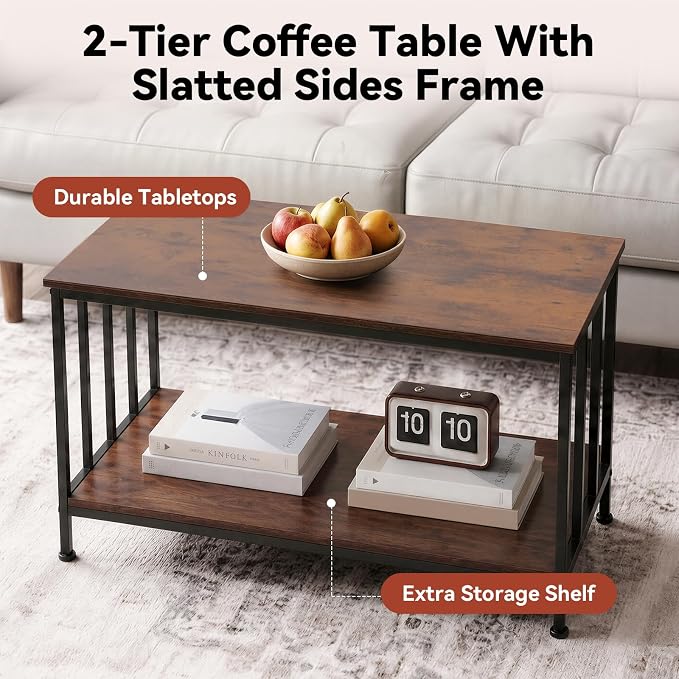 SENIG 2-Tier Coffee Table 39.4" with Slatted Sides Frame, Brown Oak | Industrial Wood and Metal Center Table for Home Office Kitchen 39.4" L x 21.7" W
