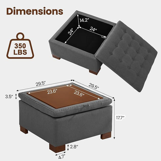 30 Inch Square Storage Ottoman Coffee Table, Modern Tufted Upholstered Ottoman with Flip Tray and Solid Wood Legs, Suitable for Living Rooms, Linen Grey
