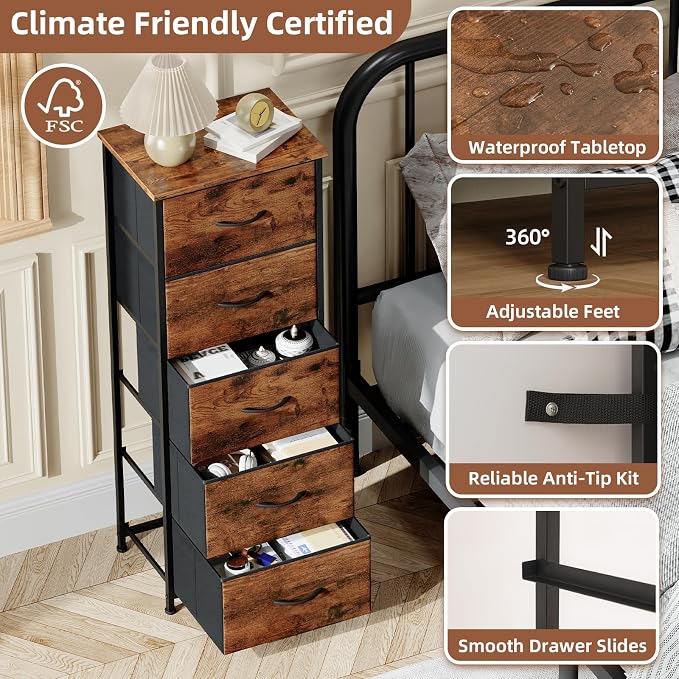 Somdot Tall Dresser for Bedroom with 5 Drawers, Storage Organizer Chest of Drawers with Removable Fabric Bins for Closet Bedside Living Room Laundry Entryway Hallway, Wood Grain Print