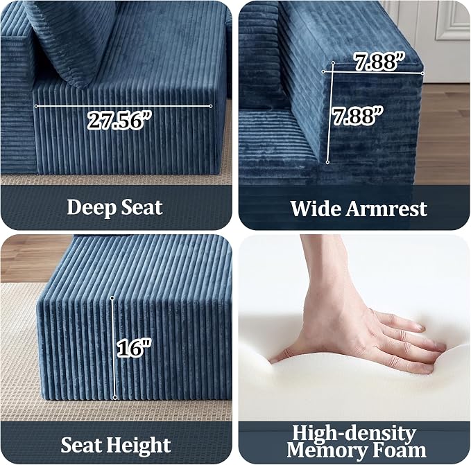 92.5" Modualr Sectional Sofa, L-Shape Corduroy Sectional Cloud Couch with Chaise, Upholstered Memory Foam Boneless Couch for Living Room, No Need Assembly - Blue(Left Facing Chaise)